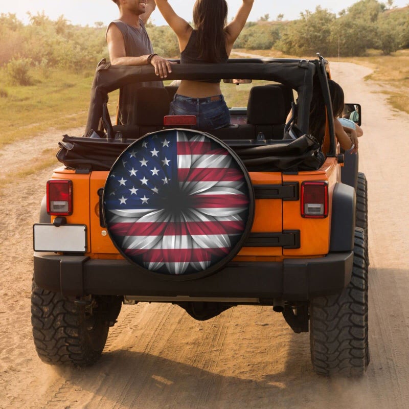 Delerain USA Flag Flower Spare Tire Covers Waterproof Dust-Proof Spare Wheel Cover Universal Fit for Trailer, RV, SUV, Truck and Many Vehicle (17 Inch for Diameter 31"-33") - Image 4